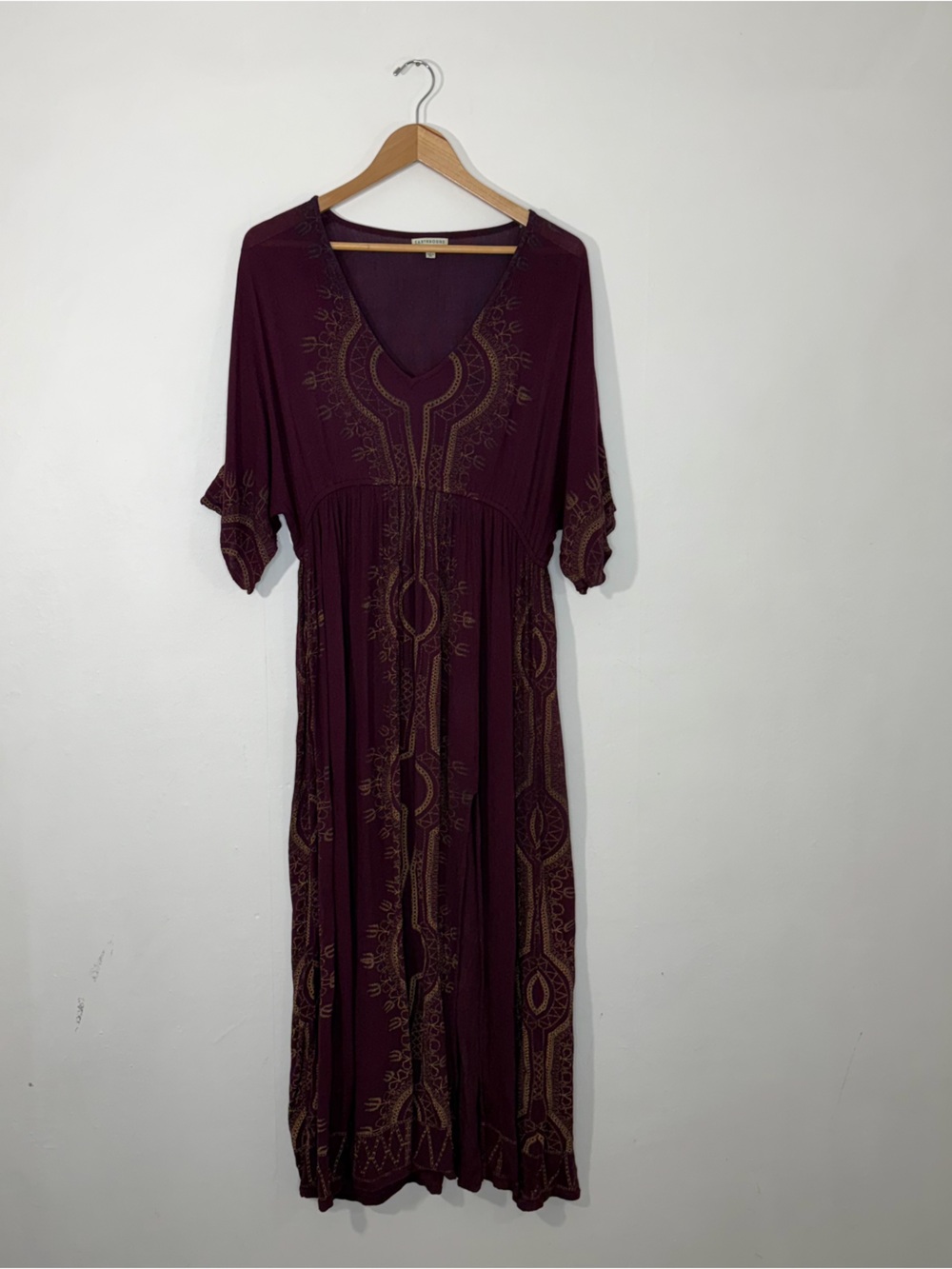 Earthbound Maroon Plum Gold Print Boho Festival Fairy Split Hem Maxi Dress Large